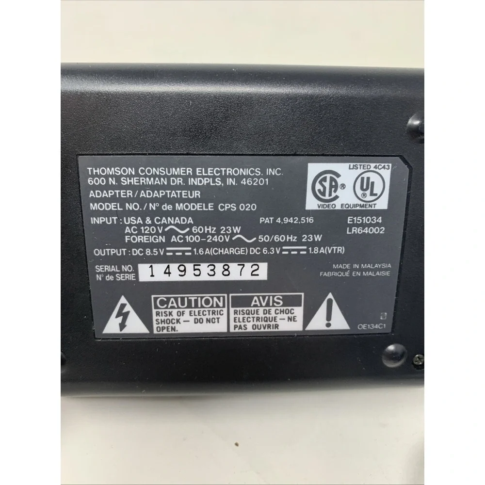 Thomson Electronics Dual Camcorder Adapter Battery Charger CPS 020 DC 8.5V 1.6A